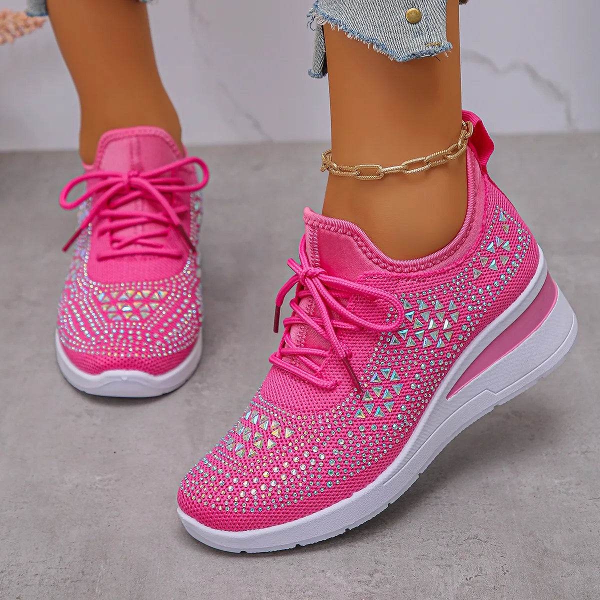Breathable Mesh Rhinestone Wedge Athletic Sneakers - Tredona LLC