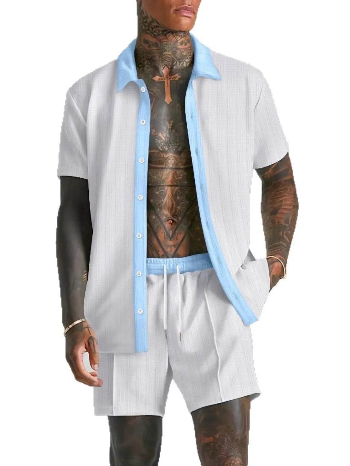 Men's Full Size Collared Neck Short Sleeve Top and Shorts Set Plus Size - Tredona LLC