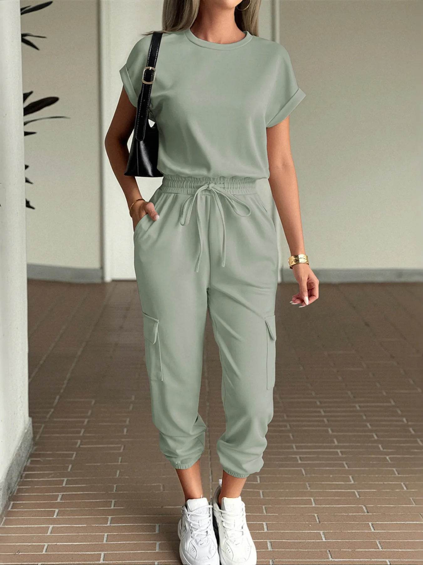 Round Neck Short Sleeve Top and Pants Set - Tredona LLC