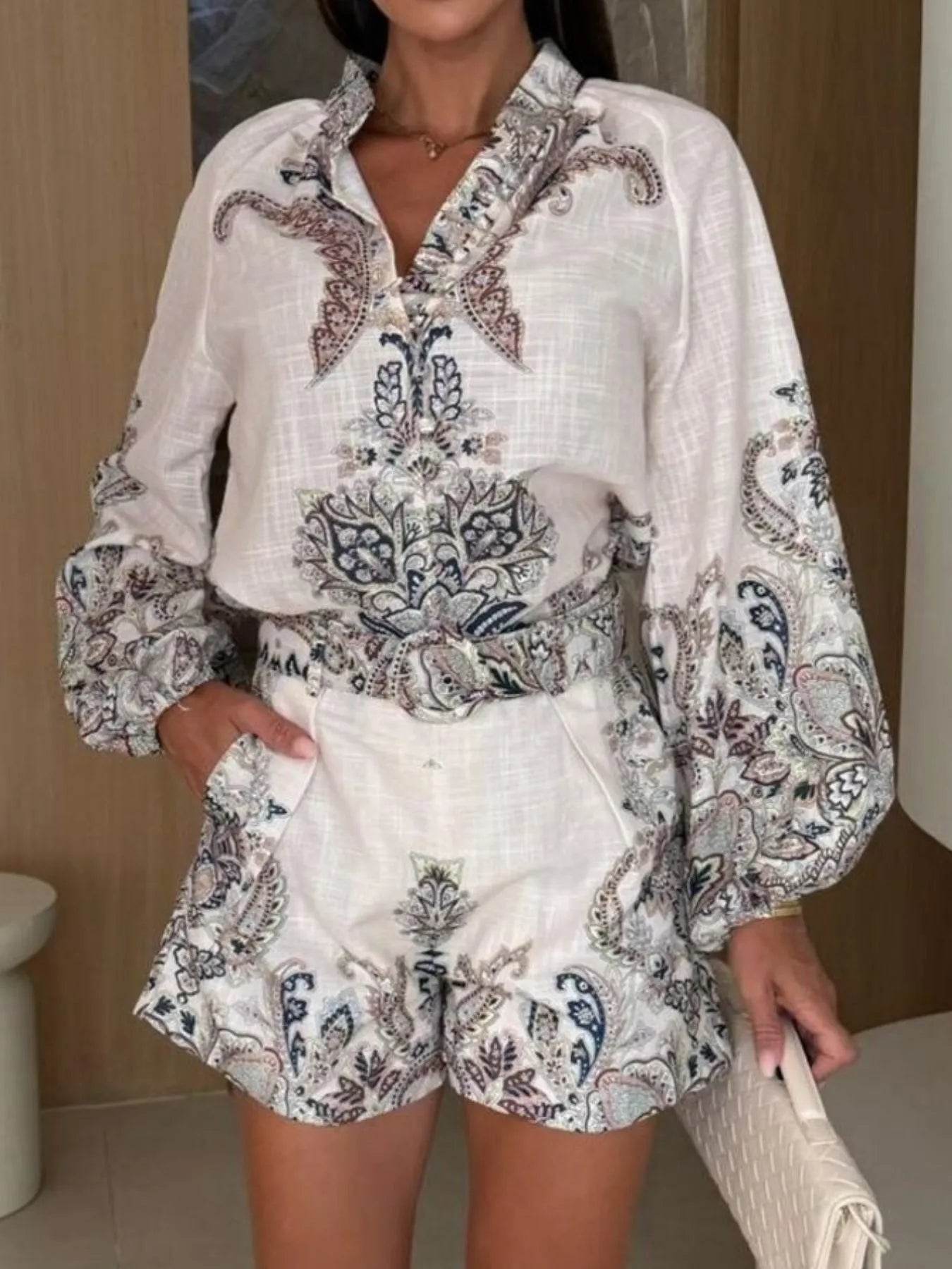 Printed Long Sleeve Shirt and Shorts Set - Tredona LLC
