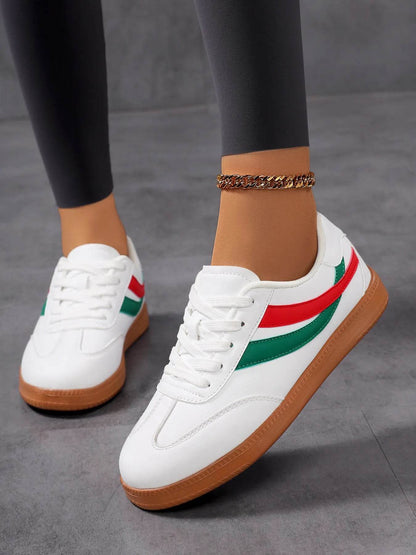 Lace Up Flat Sneakers with Stripe Accent - Tredona LLC