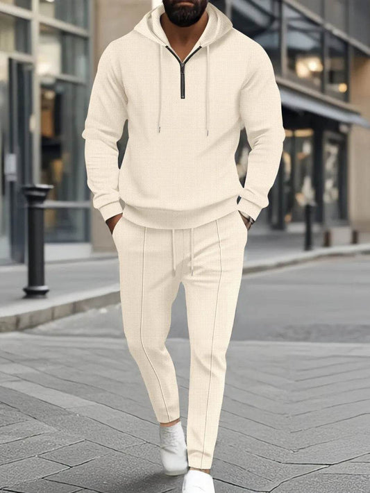 Men's Full Size Waffle-Knit Half Zipper Hoodie and Pants Set Plus Size - Tredona LLC
