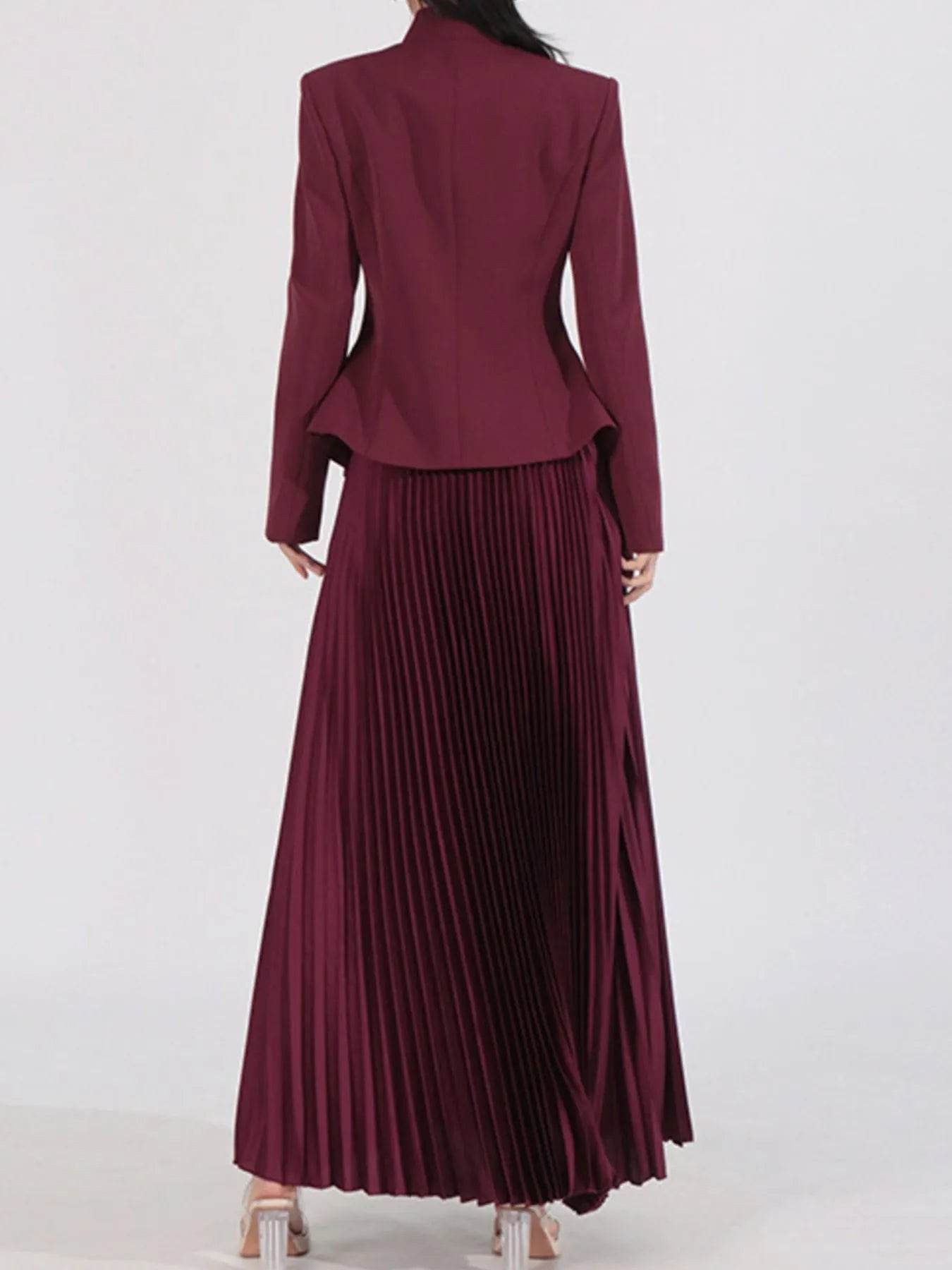 Button Up Long Sleeve Top and Pleated Skirt Set - Tredona LLC