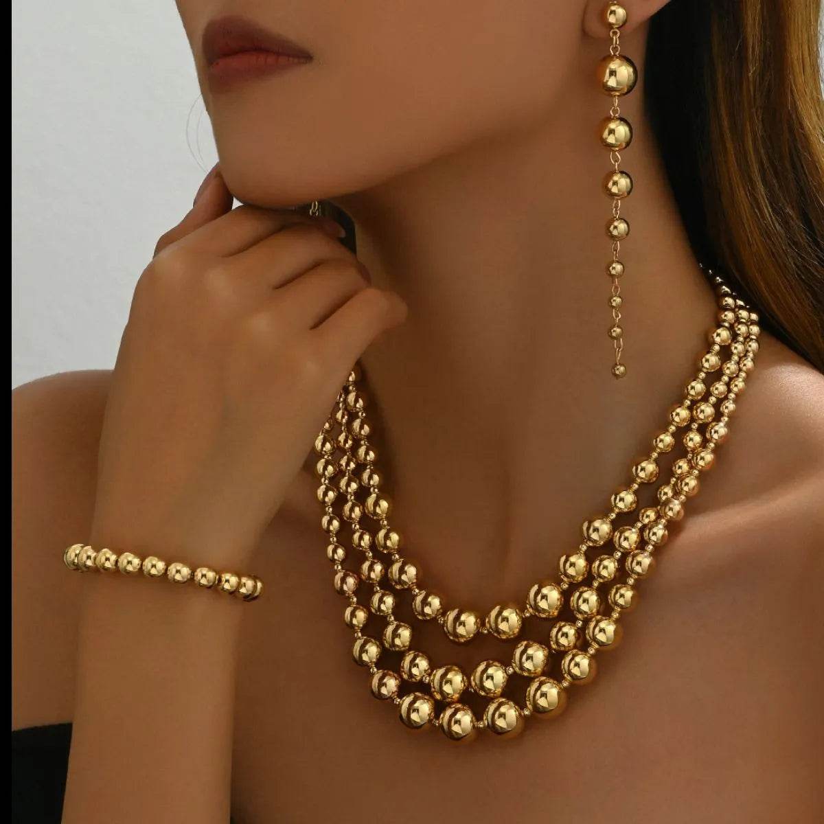 18K Stainless Steel Beaded Multi-Layered Necklace Bracelet Earrings Jewelry Set - Tredona LLC