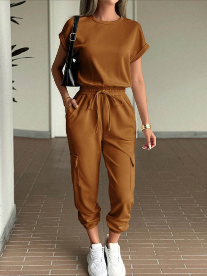 Round Neck Short Sleeve Top and Pants Set - Tredona LLC