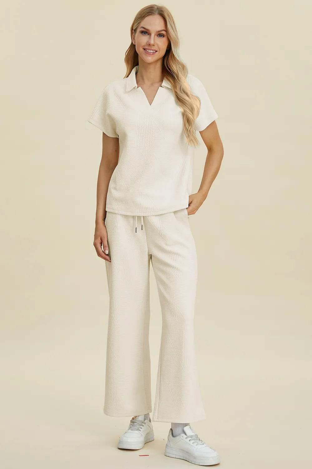 Double Take Full Size Collared Neck Short Sleeve Top and Pants Set - Tredona LLC