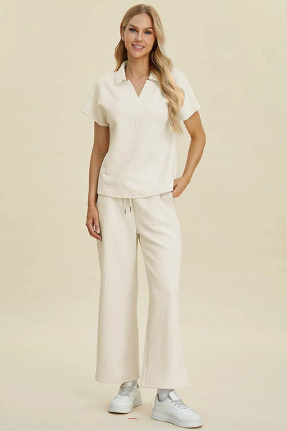 Double Take Full Size Collared Neck Short Sleeve Top and Pants Set - Tredona LLC