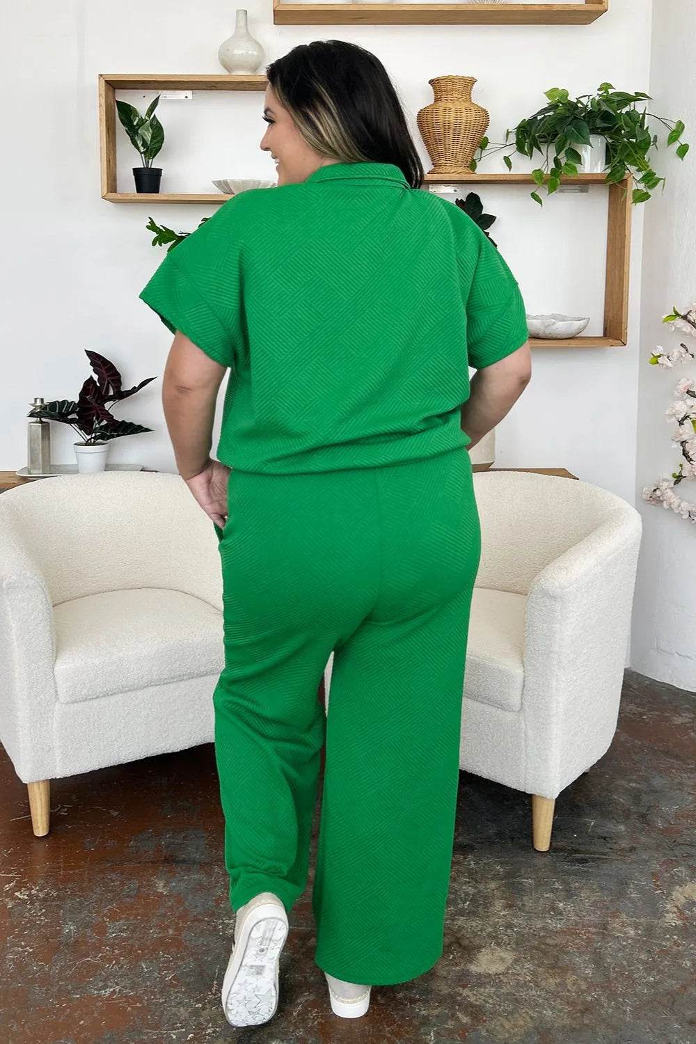 Double Take Full Size Texture Half Zip Short Sleeve Top and Pants Set - Tredona LLC