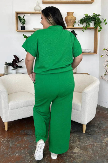 Double Take Full Size Texture Half Zip Short Sleeve Top and Pants Set - Tredona LLC