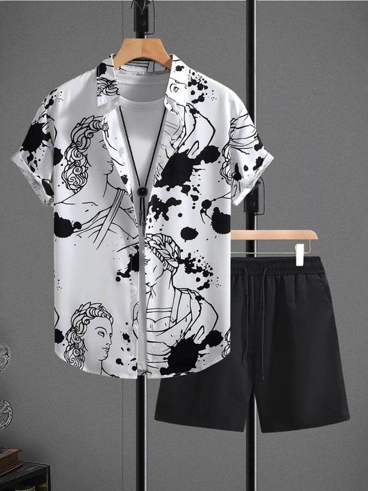 Men's Printed Button Up Shirt and Shorts Set - Tredona LLC