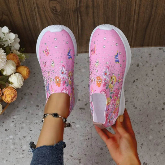 Rhinestone Floral Print Sneakers - Tredona LLC