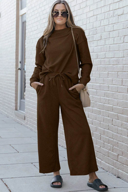 Double Take Full Size Textured Long Sleeve Top and Drawstring Pants Set - Tredona LLC