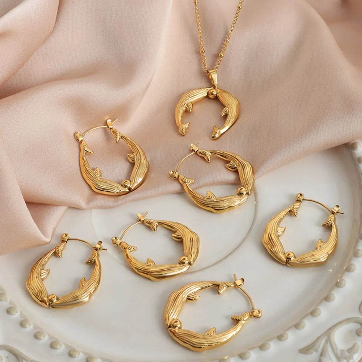 Gold Dolphin Jewelry Set with Necklace and Earrings - Tredona LLC