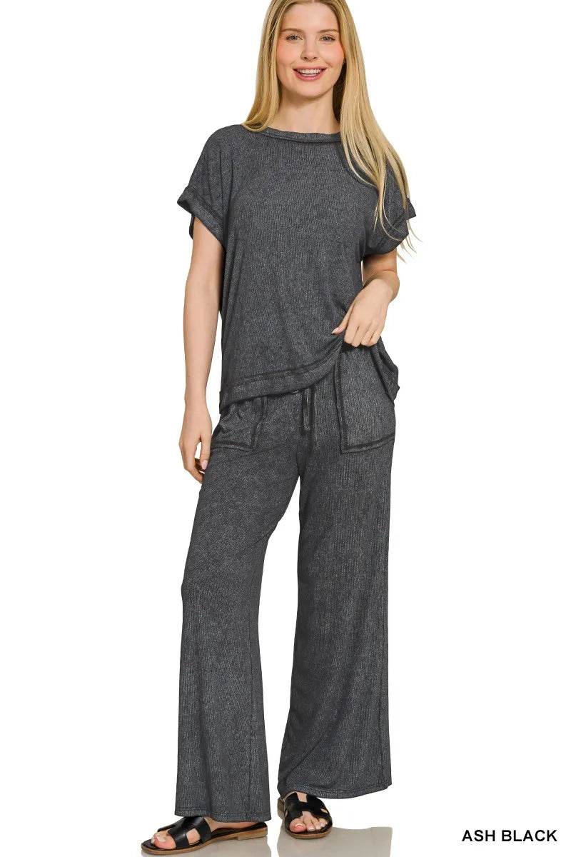 Zenana Ribbed Acid Wash Rayon Top & Pants Set - Tredona LLC