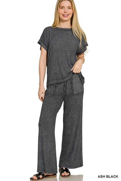 Zenana Ribbed Acid Wash Rayon Top & Pants Set - Tredona LLC