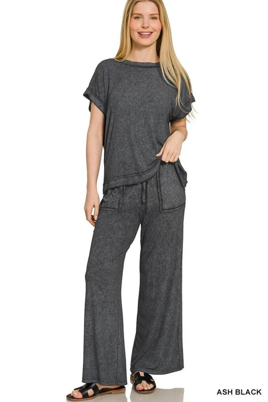 Zenana Ribbed Acid Wash Rayon Top & Pants Set - Tredona LLC