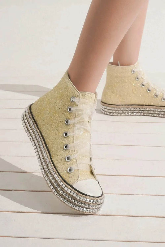 Beast Fashion Glitter Lace-Up Studded Platform Sneakers - Tredona LLC