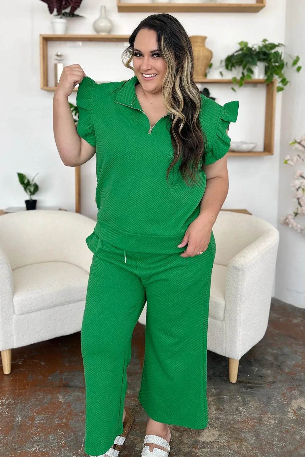 Double Take Texture Ruffle Short Sleeve Top and Drawstring Wide Leg Pants Set - Tredona LLC