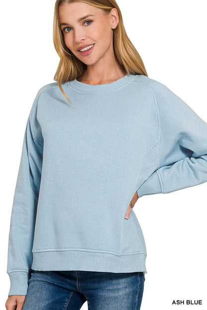 Zenana Fleece Round Neck Ribbed Side Raglan Sweatshirt - Tredona LLC