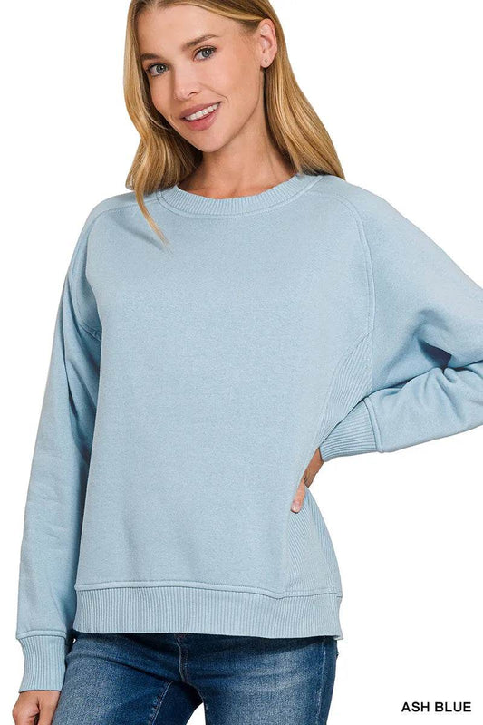 Zenana Fleece Round Neck Ribbed Side Raglan Sweatshirt - Tredona LLC