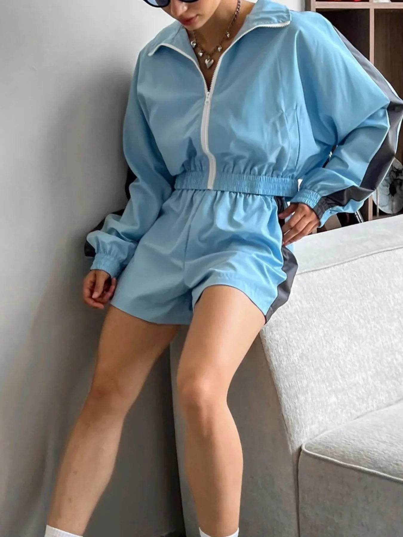 Zip Up Long Sleeve Jacket and Shorts Set - Tredona LLC