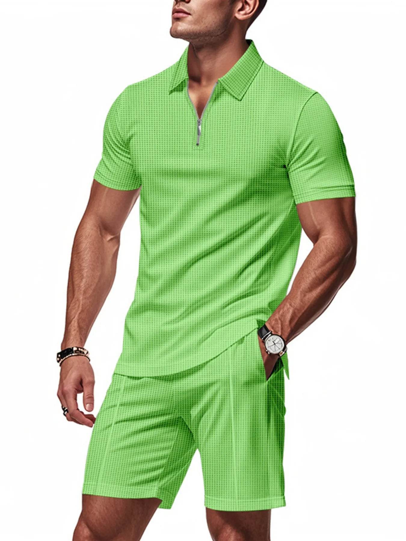 Men's Plus Size Quarter Zip Short Sleeve Top and Shorts Set - Tredona LLC