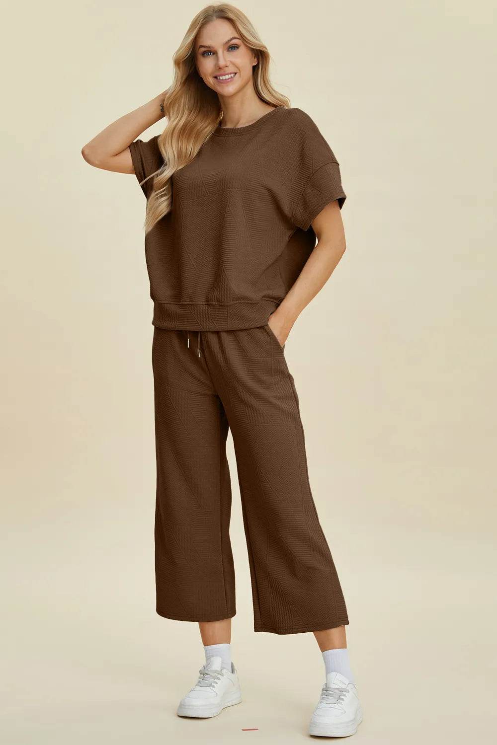 Double Take Full Size Texture Round Neck Top and Pants Set - Tredona LLC