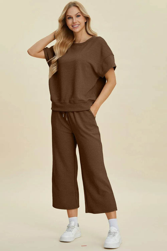 Double Take Full Size Texture Round Neck Top and Pants Set - Tredona LLC
