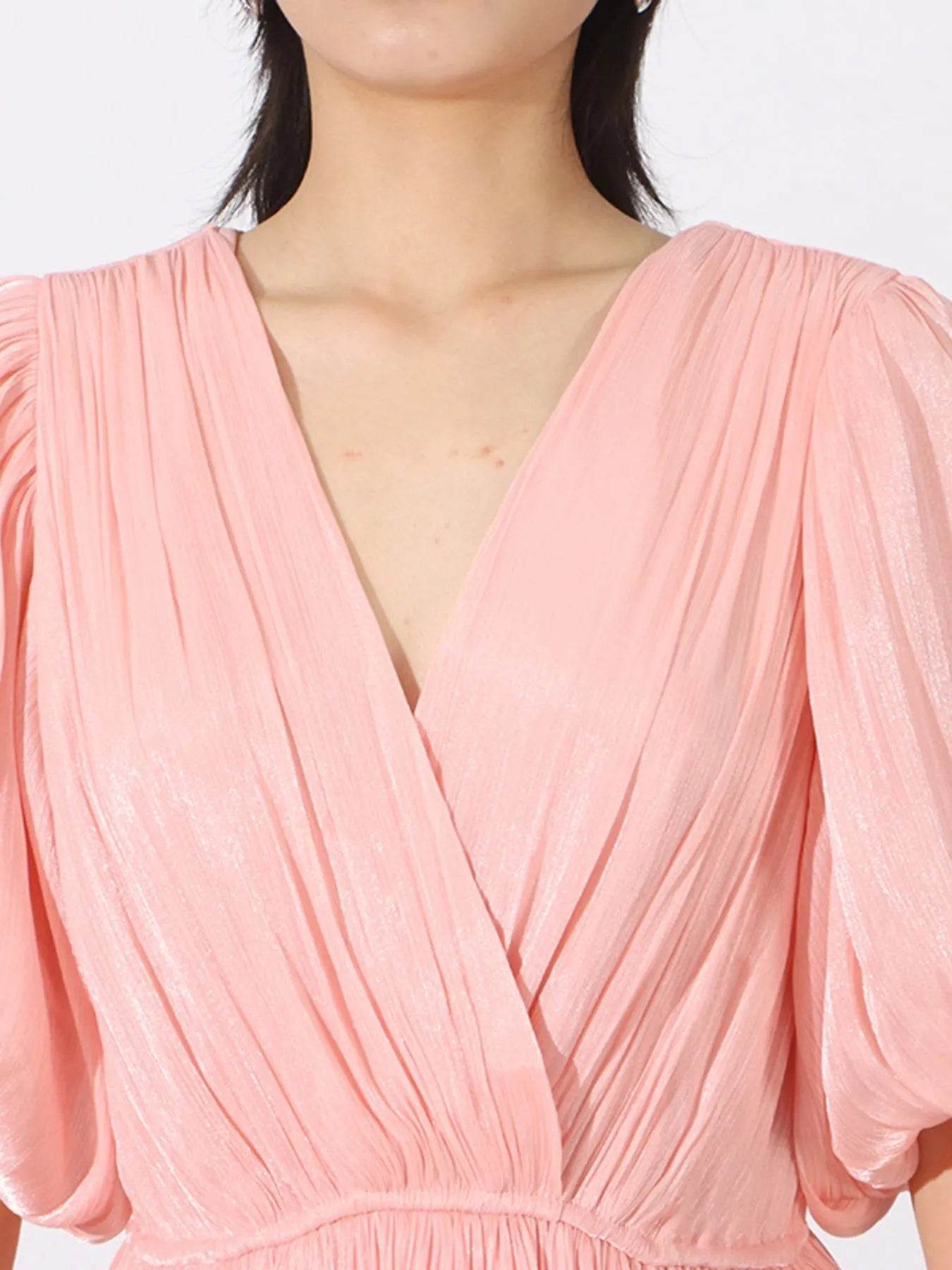 Layered Surplice Puff Sleeve Maxi Dress - Tredona LLC