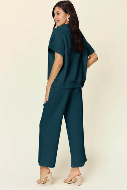 Double Take Full Size Texture Half Zip Short Sleeve Top and Pants Set - Tredona LLC