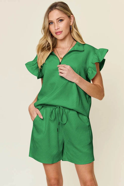 Double Take Full Size Texture Flounce Sleeve Top and Drawstring Shorts Set - Tredona LLC