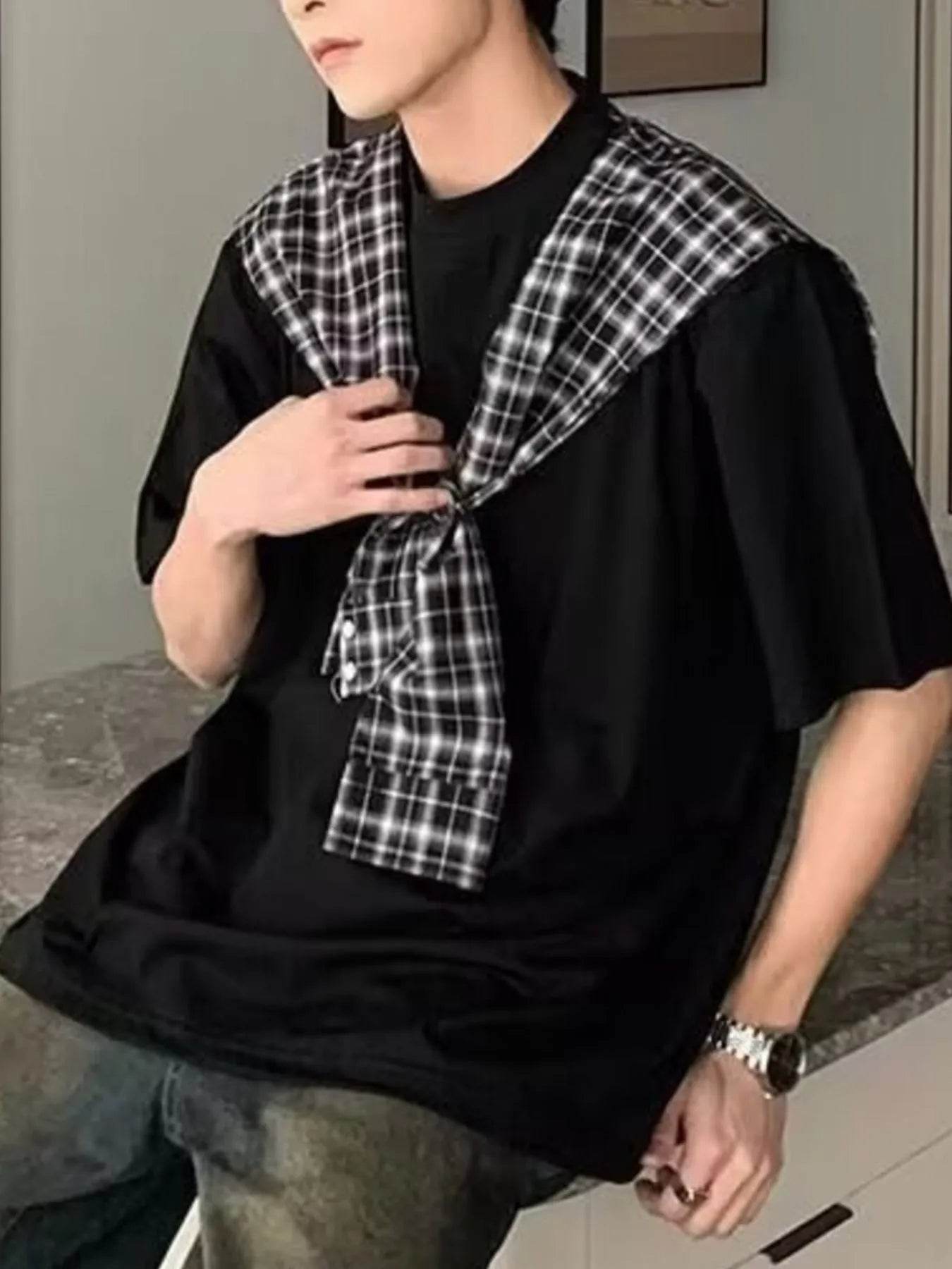 Men's Full Size Oversized T-Shirt with Plaid Shawl Plus Size - Tredona LLC