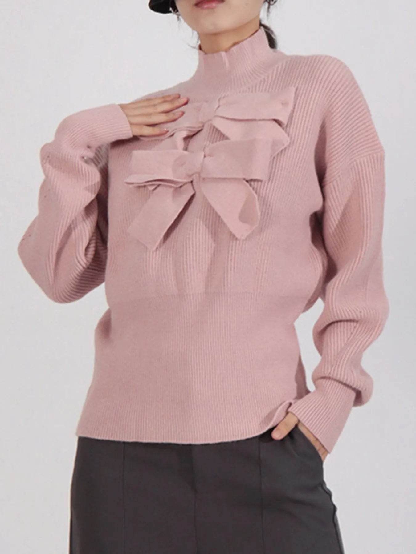 Bow Front Turtleneck Long Sleeve Sweater - Tredona LLC