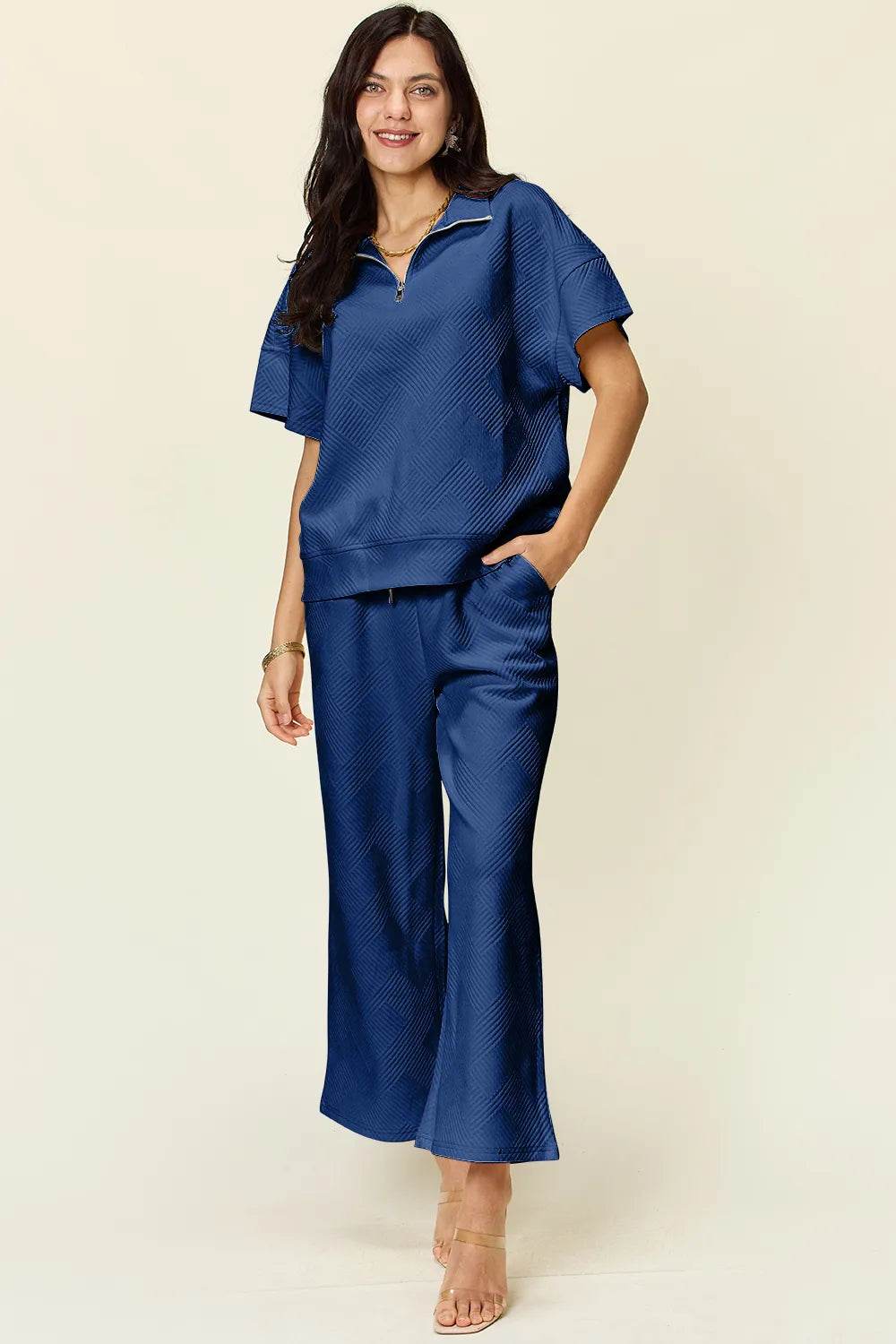Double Take Full Size Texture Half Zip Short Sleeve Top and Pants Set - Tredona LLC