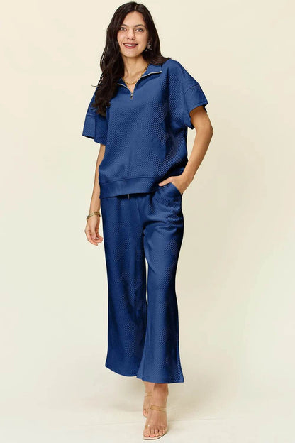 Double Take Full Size Texture Half Zip Short Sleeve Top and Pants Set - Tredona LLC