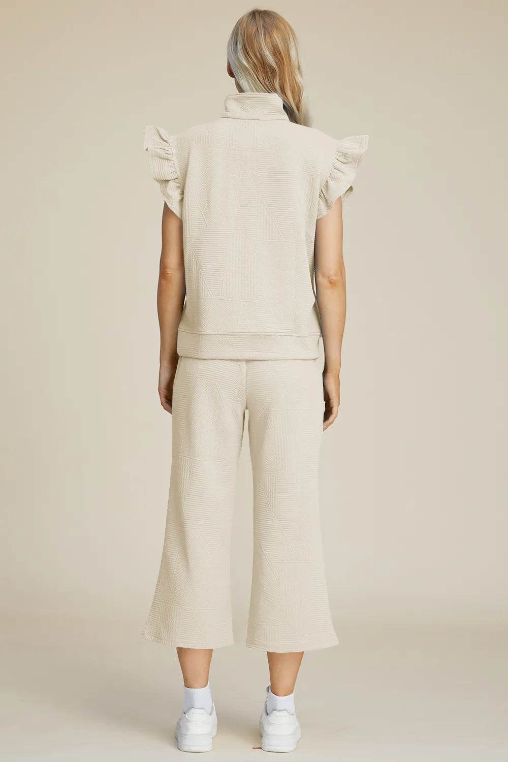 Double Take Full Size Texture Ruffle Short Sleeve Top and Wide Leg Pants Set - Tredona LLC