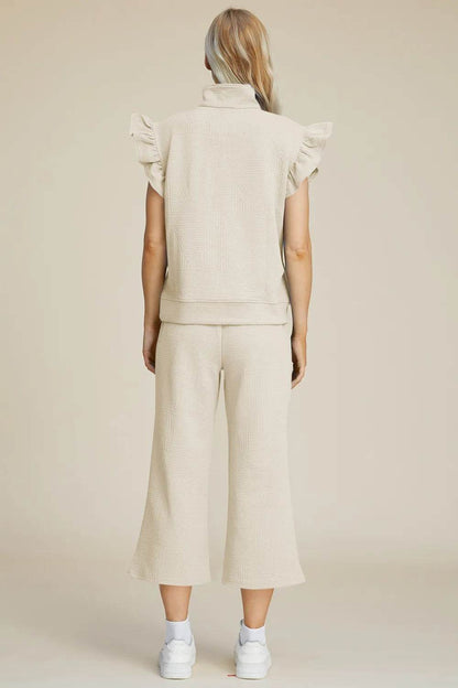 Double Take Full Size Texture Ruffle Short Sleeve Top and Wide Leg Pants Set - Tredona LLC