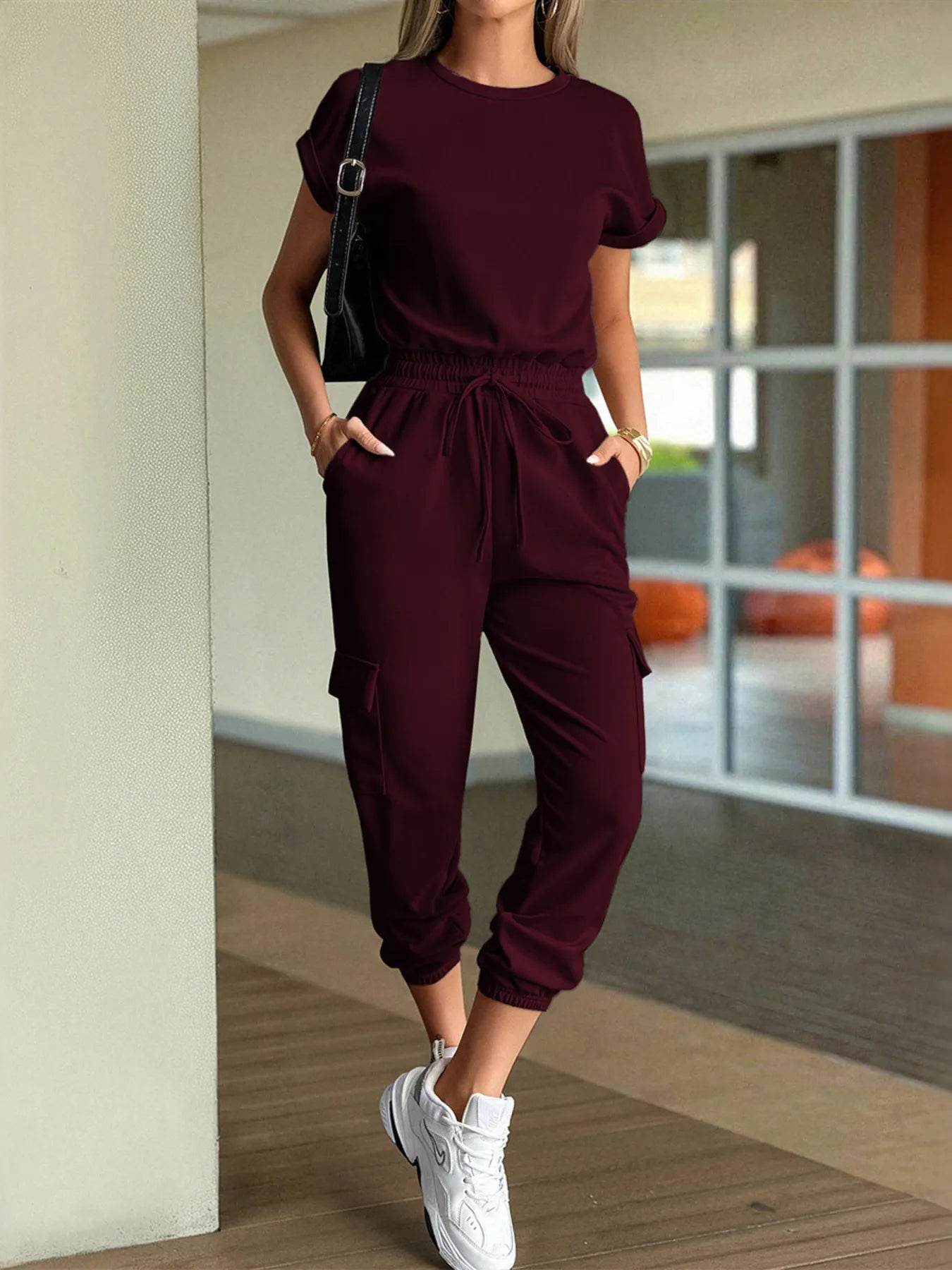 Round Neck Short Sleeve Top and Pants Set - Tredona LLC