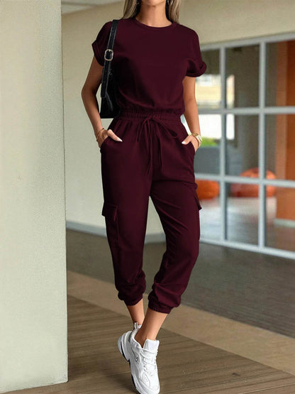 Round Neck Short Sleeve Top and Pants Set - Tredona LLC