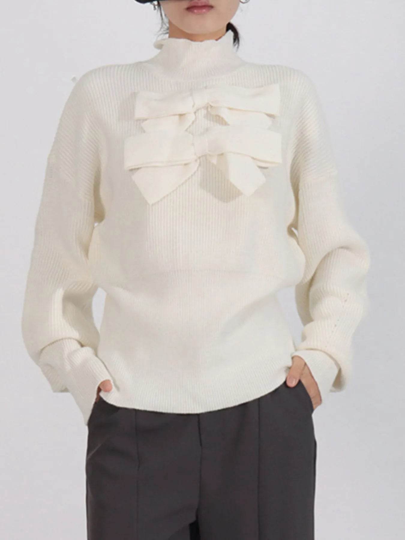 Bow Front Turtleneck Long Sleeve Sweater - Tredona LLC