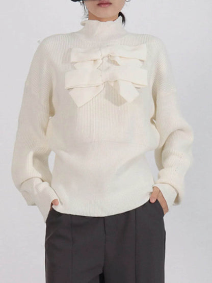 Bow Front Turtleneck Long Sleeve Sweater - Tredona LLC