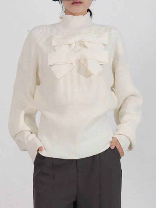 Bow Front Turtleneck Long Sleeve Sweater - Tredona LLC