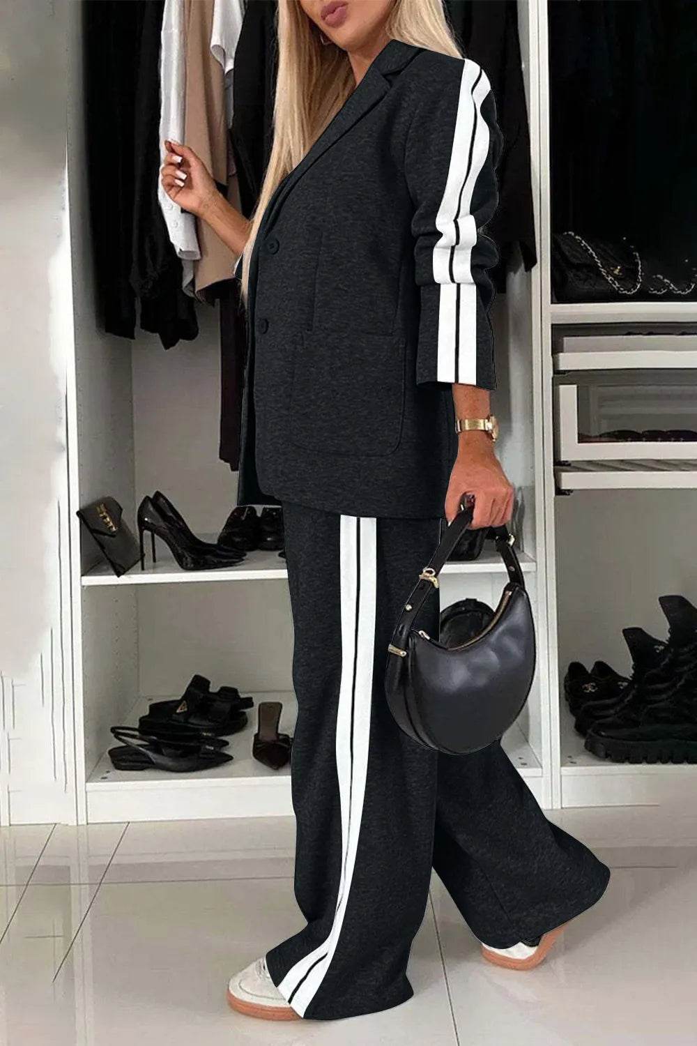 Full Size Contrast Lapel Collar Top and Pants Set - Tredona LLC