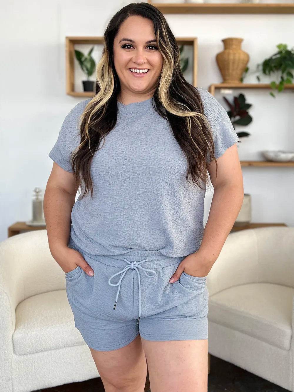 Double Take Full Size Texture Short Sleeve T-Shirt and Drawstring Shorts Set - Tredona LLC