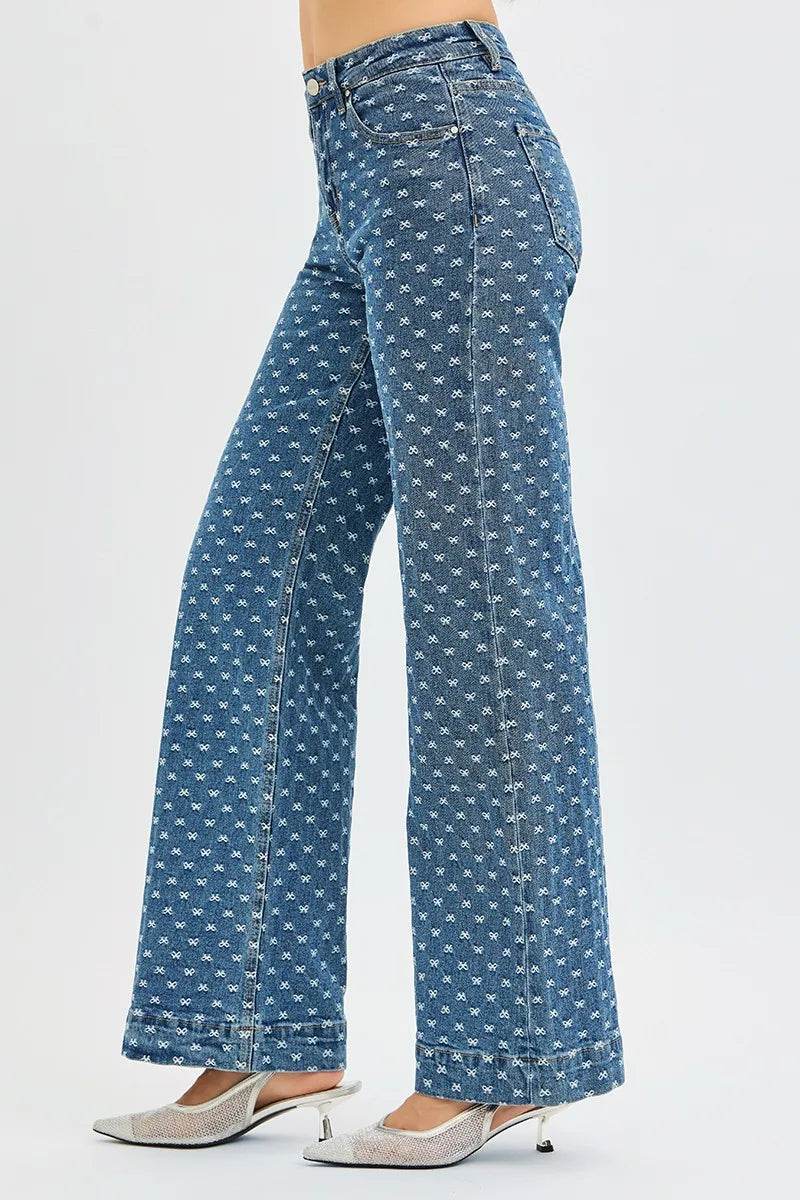 RISEN High Rise Wide Leg Bow Embroidered Jeans - Tredona LLC