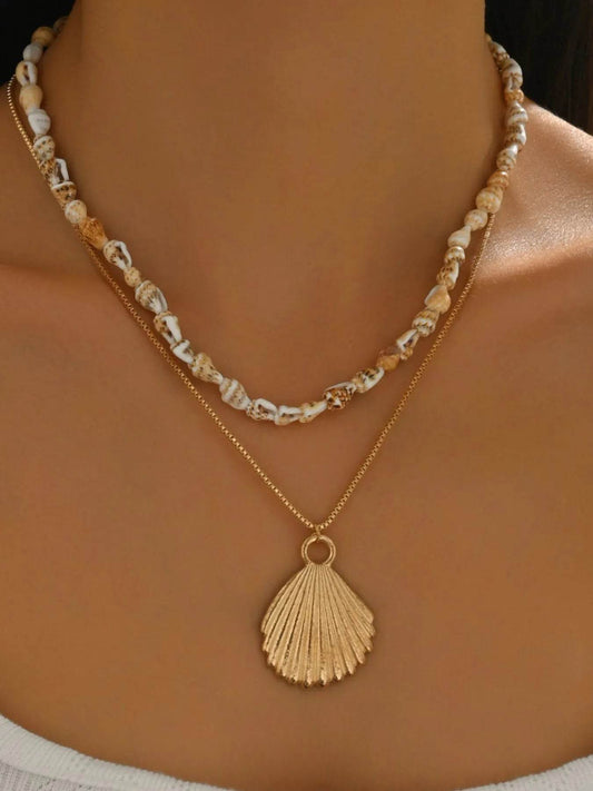 18K Gold-Plated Shell Layered Shell Pendant Necklace - Tredona LLC