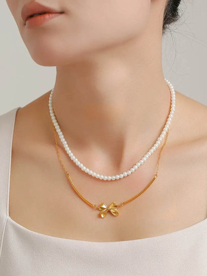 3 Piece Pearl Necklace, Bow Necklace and Stud Earrings Jewelry Set - Tredona LLC