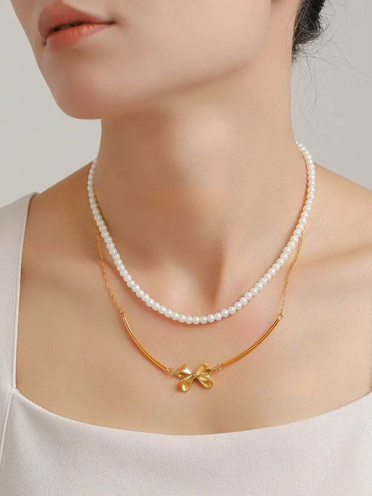3 Piece Pearl Necklace, Bow Necklace and Stud Earrings Jewelry Set - Tredona LLC