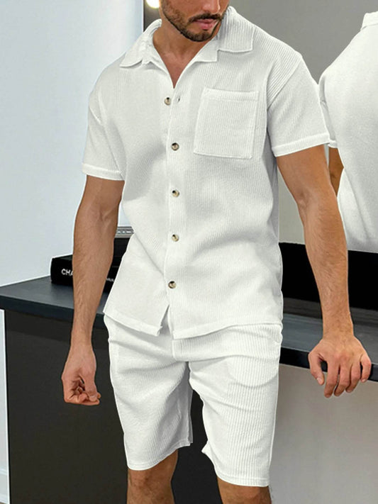 Men's Full Size Button Up Top and Shorts Set Plus Size - Tredona LLC