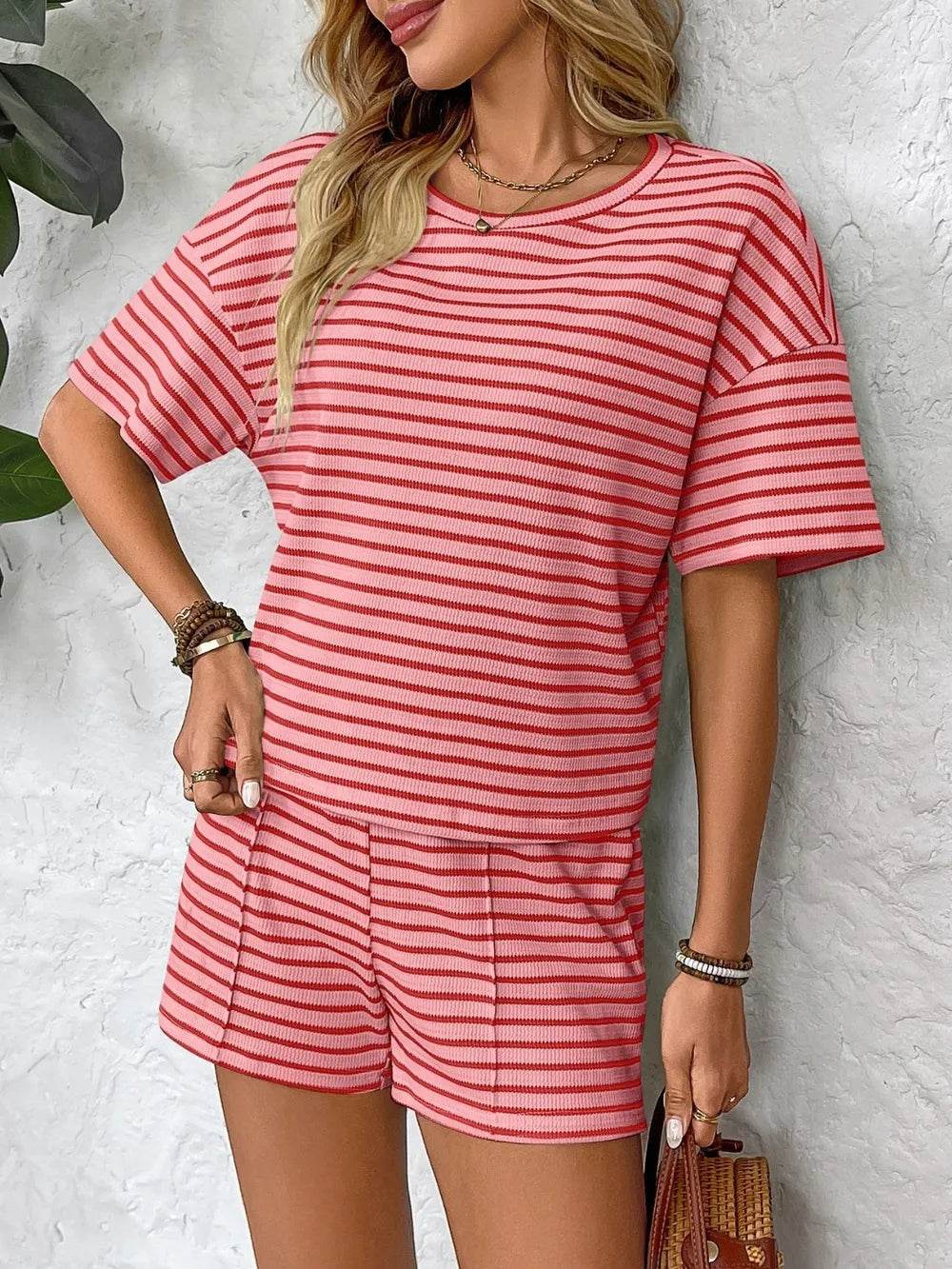 Striped Round Neck Short Sleeve Top and Shorts Set - Tredona LLC